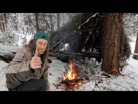 Winter Solo Overnight In Homemade Survival Shelter