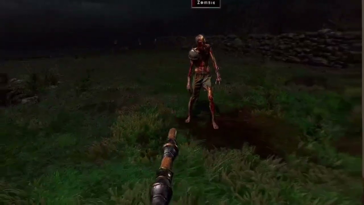 First-person view from the D2R VR mod: a staff held in the player's hand points at a zombie walking across a dark grass field, with a stone wall behind it
