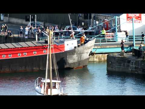 ex-commercial Dutch Barge.entering Penzance Dry Dock  on 21st September 2021 Part 1