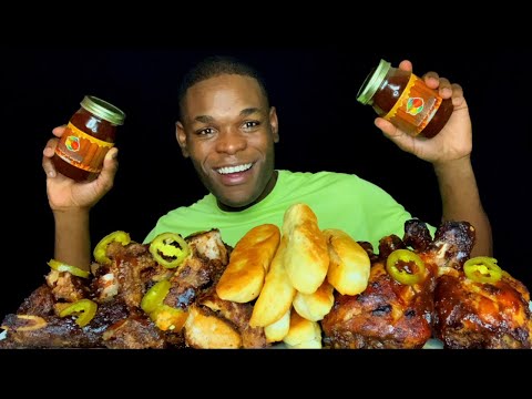 AUTHENTIC JAMAICAN FOOD MUKBANG | JERK PORK + JERK CHICKEN MUKBANG | SAUCE DACKTA JERK SAUCE