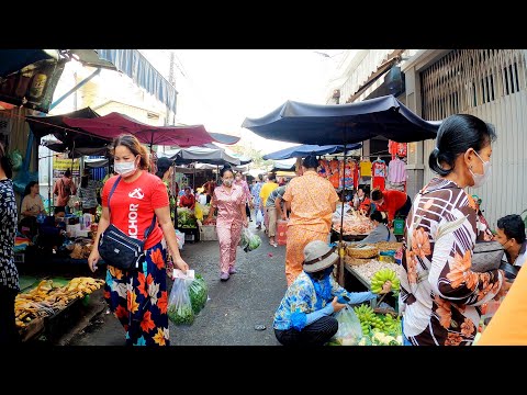 Phnom Penh Very Busy Morning Market, Walk at Old Steung Mean Chey Market, Cambodia Food