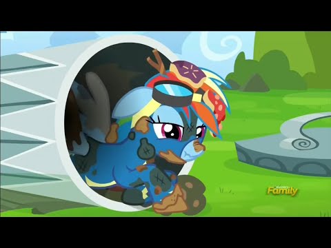 Rainbow Dash jumps into a trash can