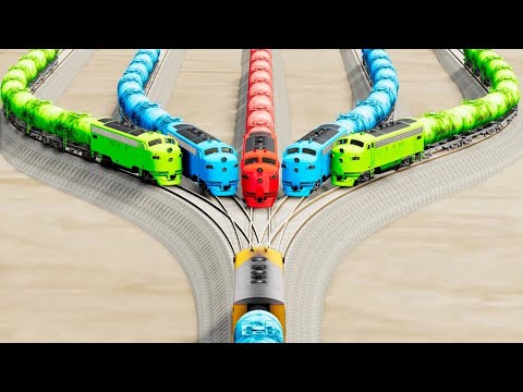 Impossible Multiple Overlapping Rail Tracks Crossover Vs Trains Crossing - BeamNG.Drive