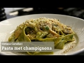 Groene pappardelle met  champignons en gorgonzola