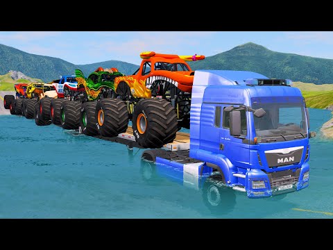 Double Flatbed Trailer Monster Trucks Transport with Slide Color - Cars vs Speed bump - BeamNG.drive