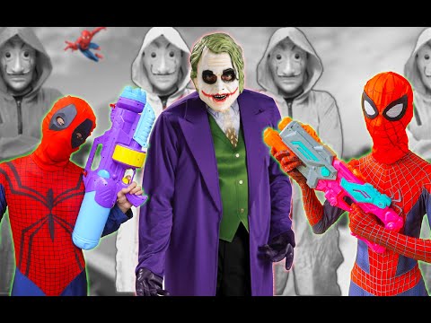 LTT Hero : Couple Black SPIDER-MAN Fight Joker And Red BAD GUY Theft Crime Team