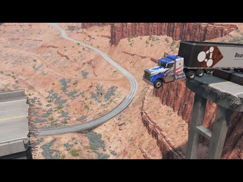 Cars vs the broken bridge #1. Attempts to jump from a springboard
