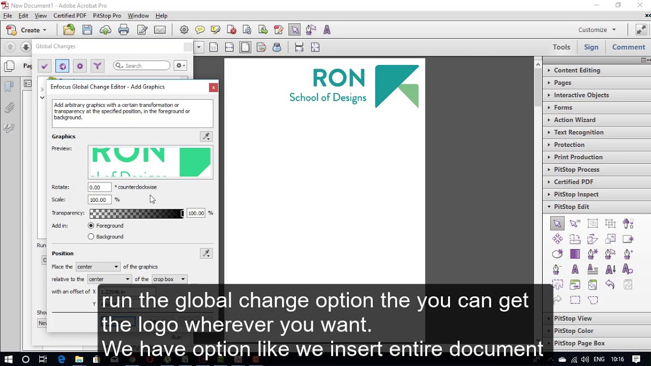 How to use Pitstop global change option and insert the graphics globally