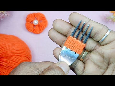 Amazing Trick with Fork - Easy Woolen Flower Making - Hand Embroidery Hack - DIY Woolen Flowers