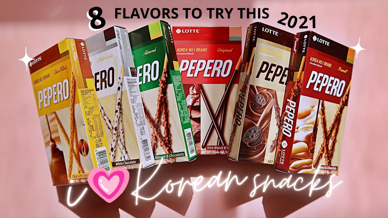 Eight flavors of Lotte Pepero biscuit sticks displayed side by side including original almond strawberry and choco cookie variants
