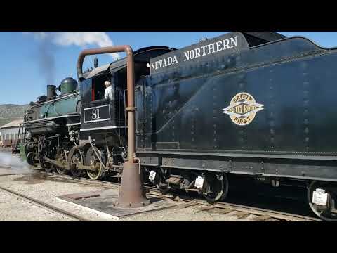 Nevada Northern Railway in Ely:  81 & coaches pulling away 1