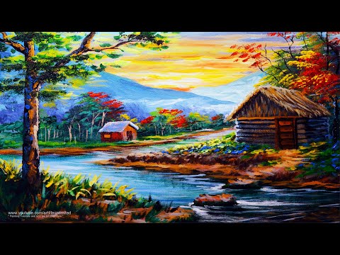 Basic Painting Tutorial a Landscape with River / Riverside Cabin House / Acrylic Fine Arts