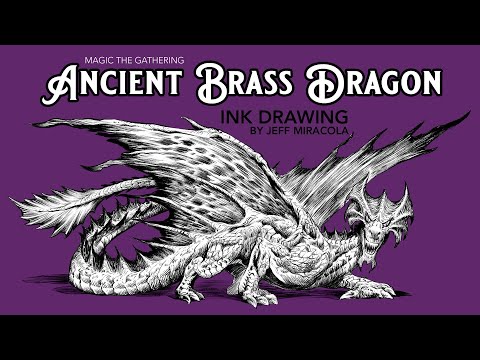Magic the Gathering's Ancient Brass Dragon Ink Drawing by Jeff Miracola