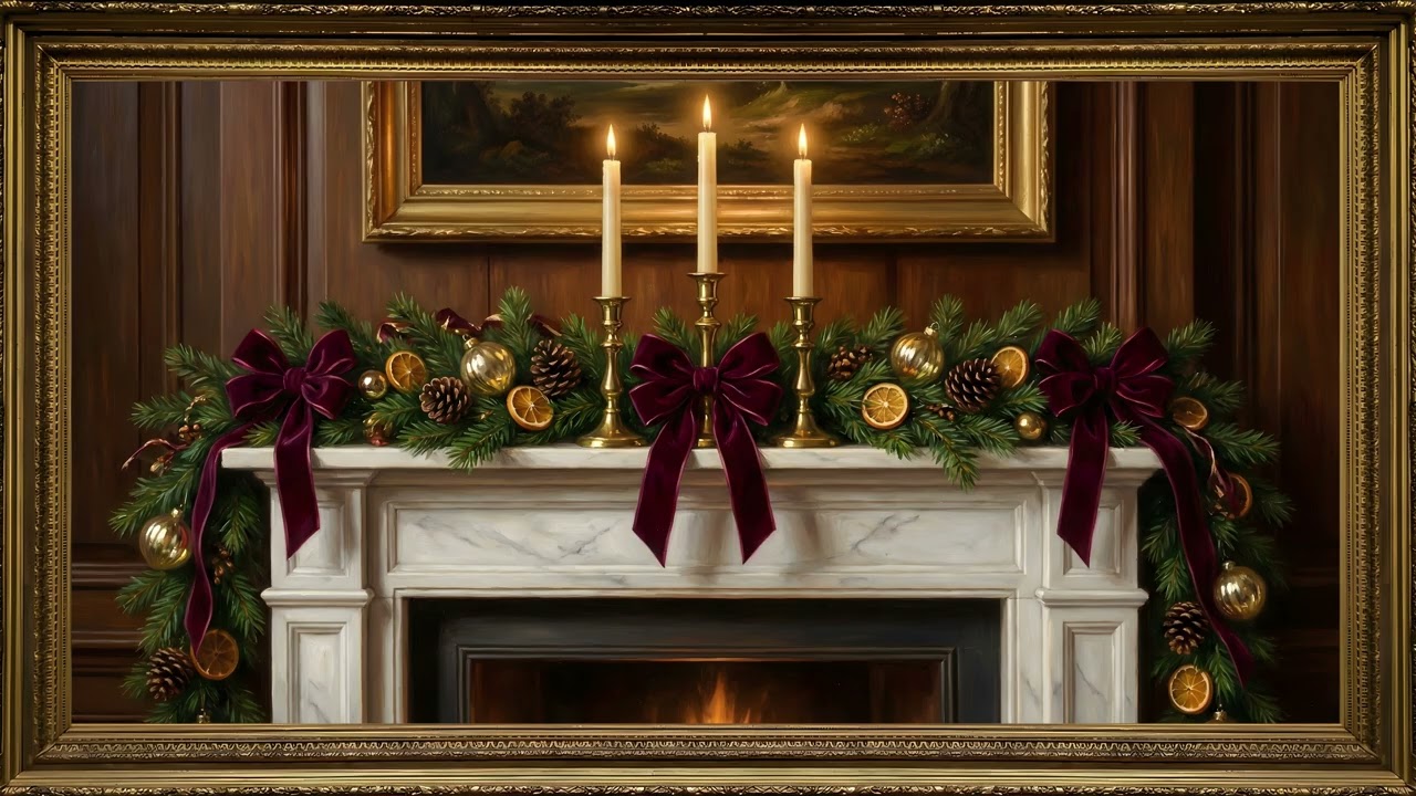 Christmas Fireplace Mantel Candlelight Gold Frame TV Art | 2 Hours 4K — 4K ambient art screensaver in baroque gold frame