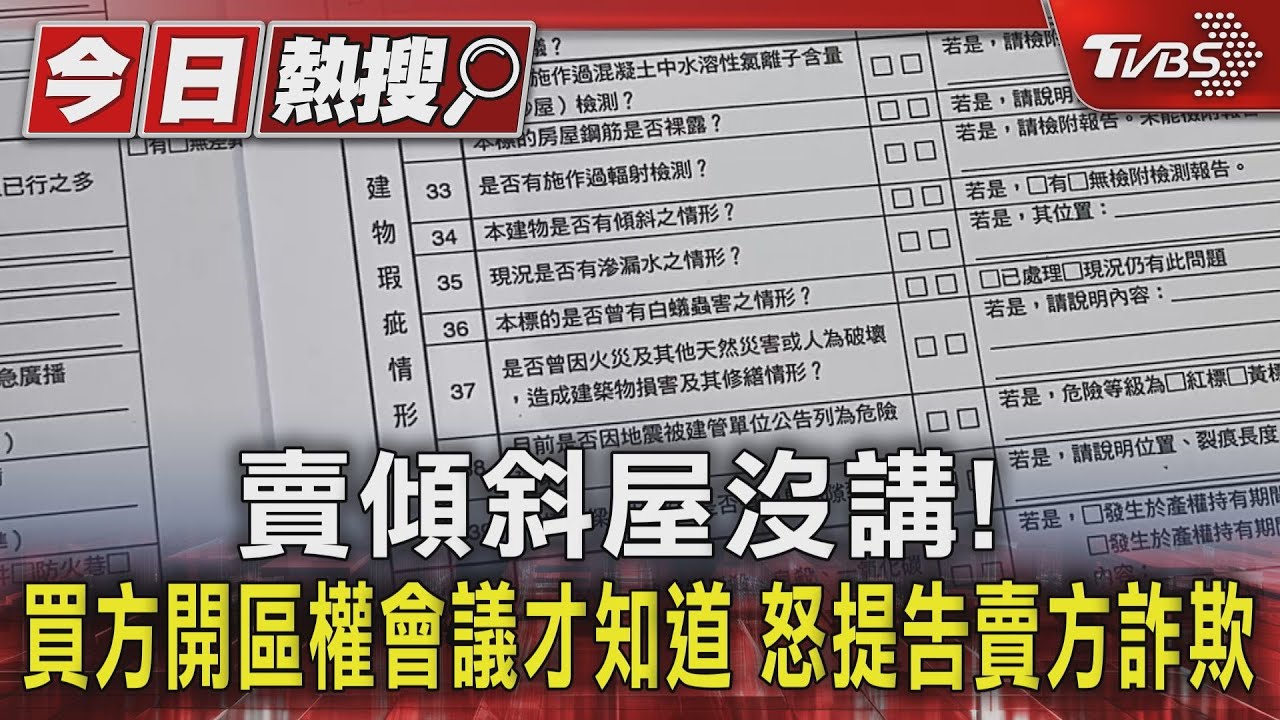 賣傾斜屋沒講! 買方開區權會議才知道怒提告賣方詐欺