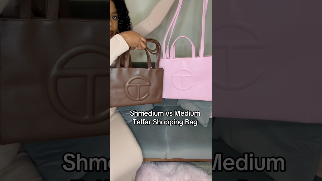 Shmedium vs. Medium Telfar Shopping Bag. Shmedium is in chocolate & Medium is in bubblegum pink.