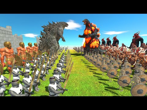 Godzilla Burning VS Godzilla 2021 | Infernals VS Ancient Humans - Animal Revolt Battle Simulator