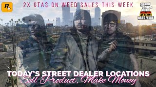 GTA: Online. • Daily Street Dealer locations. • 20 April, 2024. • Sell product, make money. • 🌴🧪💊💰