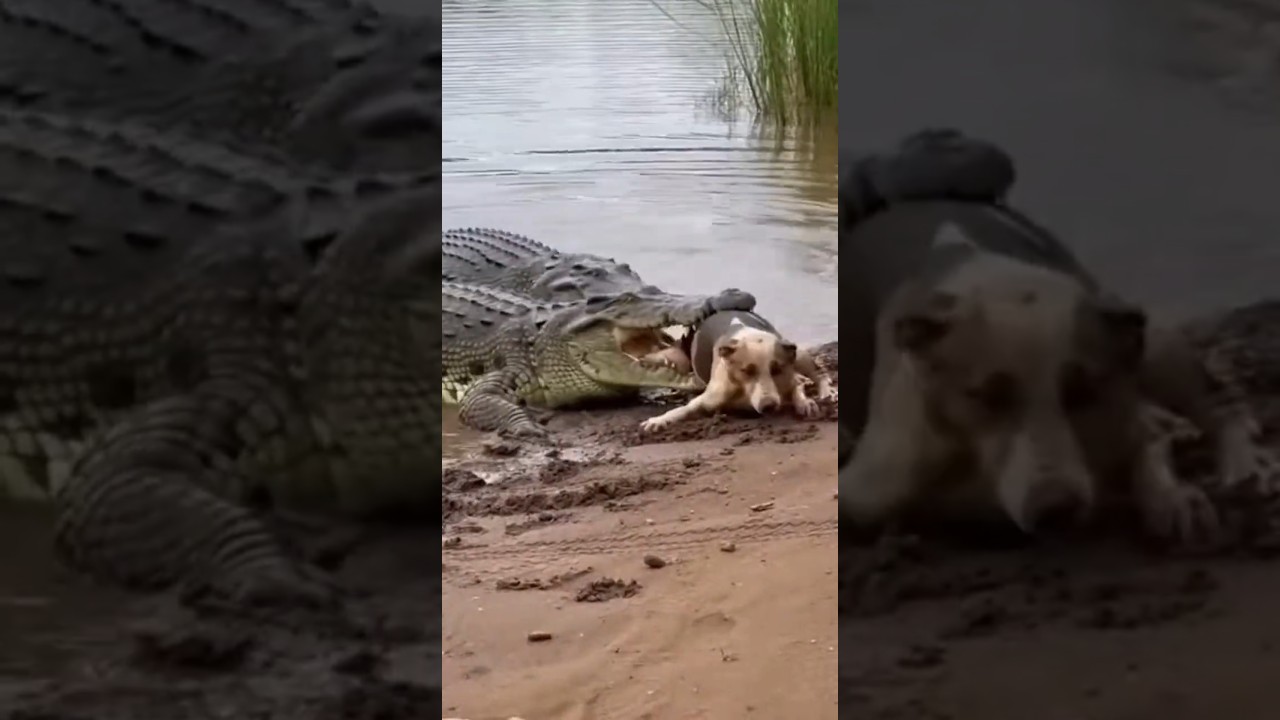 Dog Battles Crocodile in Shallow River 🐕🐊개가 얕은 강에서 악어와 맞서다 🐕🐊犬が浅い川でワニと対決 🐕🐊