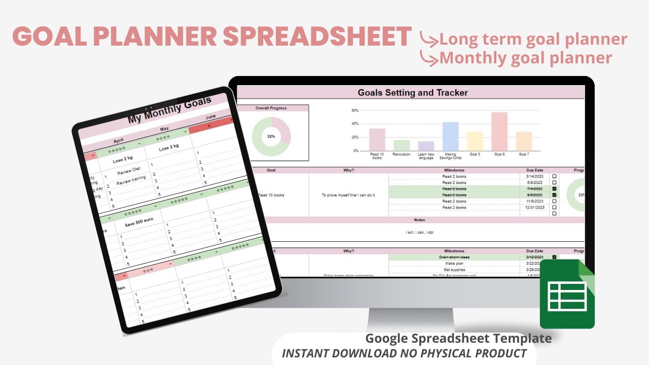 Goal Planner Spreadsheet | Goal setting |Digital goal planner | 2024 Goal planner |Monthly goal