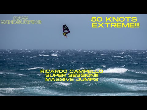 Extreme 50 KNOTS Windsurfing with Ricardo Campello. Massive JUMPS and CRASHES/ RAW Windsurfing