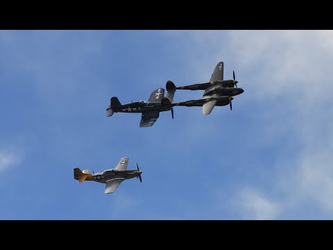 P-51 P-38 Corsair formation flybys at Central Coast Airfest in Santa Maria CA Sunday Oct-19-2025