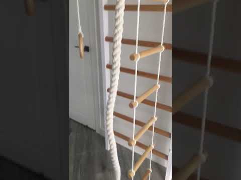 Шведская стенка комбинированная - КОМБИ - ТРДШН+3 (стенка + турник-рукоход из дерева с широким хватом навесной + канат + кольца + веревочная лестница)