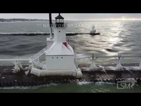 12-25-2022 St. Joseph, MI - Famous Lighthouse Covered in Ice after Blizzard *drone*