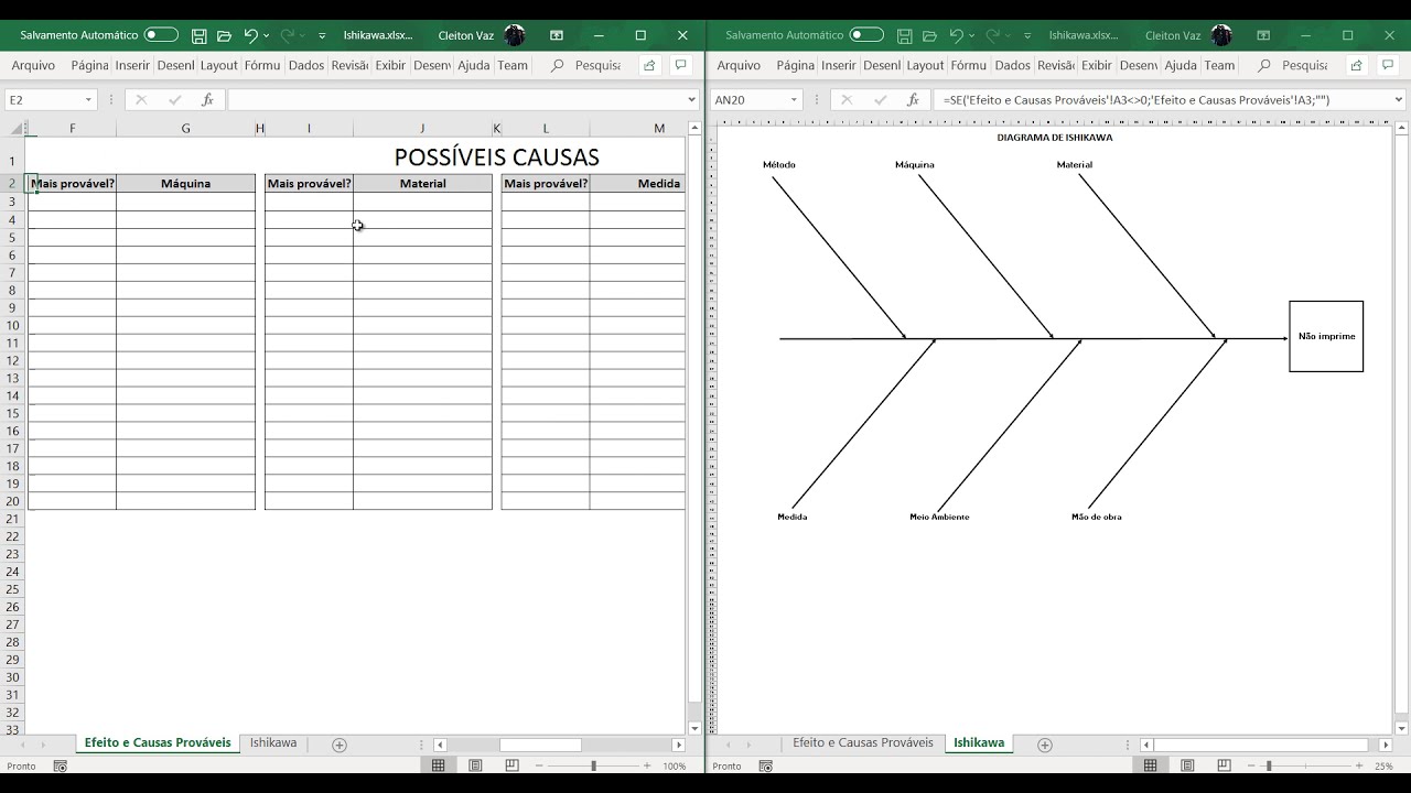 Diagrama de Ishikawa em xlsx - Excel