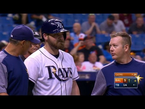 BAL@TB: Norris gets hit by a pitch, exits game later
