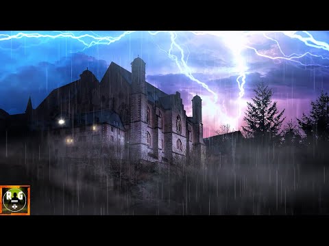 Thunderstorm and Rain Sounds with Thunder and Lightning Sound Effects on a Castle at Night