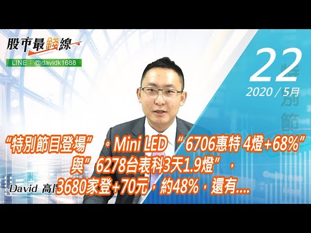 20200522《股市最錢線》#高閔漳，“特別節目登場” 。Mini LED “ 6706惠特 4燈+68%”與”6278台表科3天1 9燈”，3680家登+70元，約48%，還有…