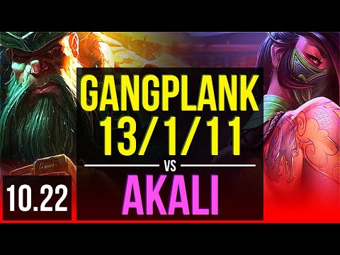 GANGPLANK vs AKALI (TOP) | 13/1/11, Legendary, 1.7M mastery | EUW Diamond | v10.22