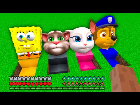 I found SECRET SPONGEBOB AND TALKING TOM ANGELA AND PAW PATROL UNDERGROUND BASE in Minecraft