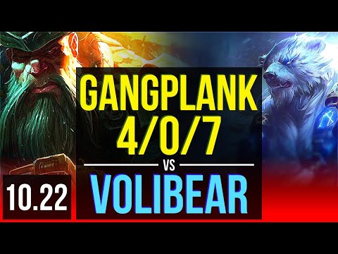 GANGPLANK vs VOLIBEAR (TOP) | 4/0/7, 1.2M mastery, 400+ games | KR Diamond | v10.22