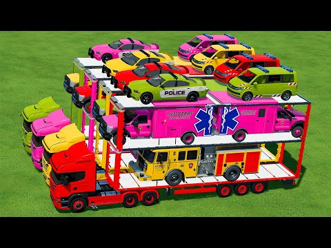 LOAD & TRANSPORT AMBULANCE, POLICE CARS, FIRE TRUCKS WITH LIZARD TRUCKS - Farming Simulator 22