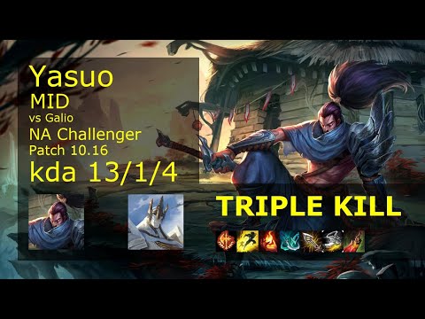 Yasuo Mid vs Galio - NA Challenger 13/1/4 Patch 10.16 Gameplay