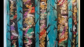 How to make a Mixed Media Birch Trees Canvas /Tutorial/ Mixed Media collage painting /#Lovefallart