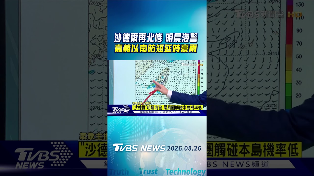 天氣/沙德爾再北修 明晨海警 暴風圈觸碰本島機率低 週五颱風外圍+西南風 嘉義以南易短時豪雨｜TVBS新聞 @TVBSNEWS01