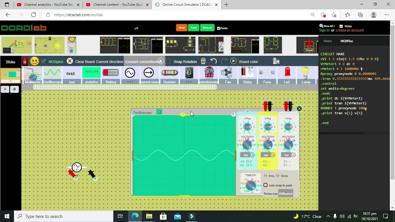 how to use an oscilloscope in dcaclab online simulator