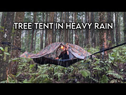 TREE TENT IN HEAVY RAIN‼️CAMPING IN HANGING TENT IN HEAVY RAIN