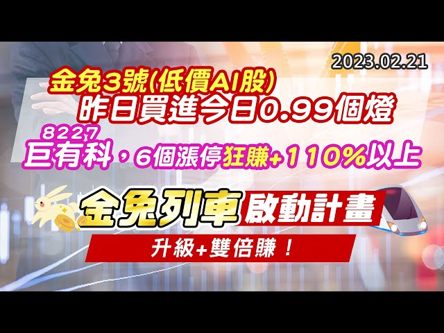 20230221《股市最錢線》#高閔漳 金兔3號(低價AI股)，昨日買進今日0.99個燈；8227巨有科，6個漲停狂賺+110%以上”“金兔列車啟動計畫，升級+雙倍賺！