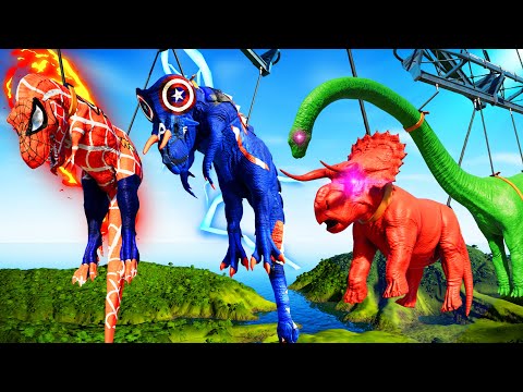 🌍 Spiderman Tyrannosaurus Vs Captain America Ultimasaurus Dinosaurs Fight  🌍Jurassic World Evolution
