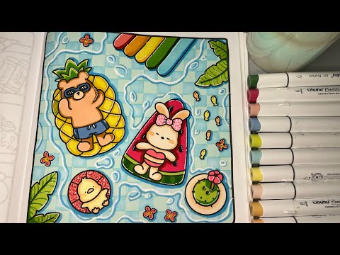 Cozy Friends by Coco Wyo | How to Color a Pool | Realxing ASMR #cocowyo #ohuhumarkers #adultcoloring