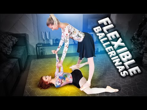 Flexible ballerinas doing stretching for flexibility. Contortion training. Pointe shoes. Flexshow