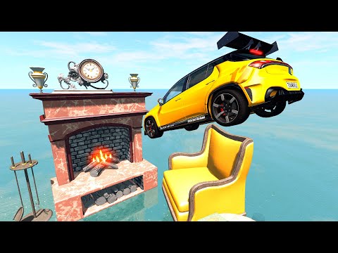 Incredible Jumping Cars Into Burning Fireplace - Beamng Drive TrainWorld