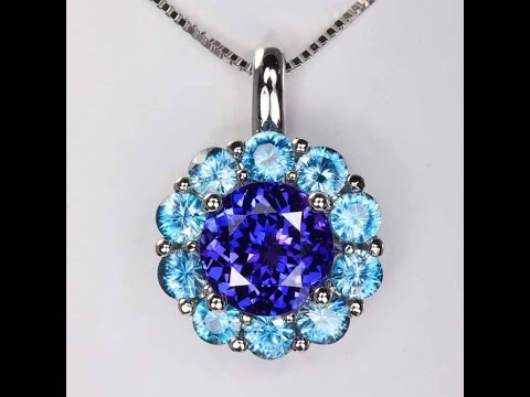 14K White Gold Round Tanzanite with Halo of Blue Zircon 5.35cts
