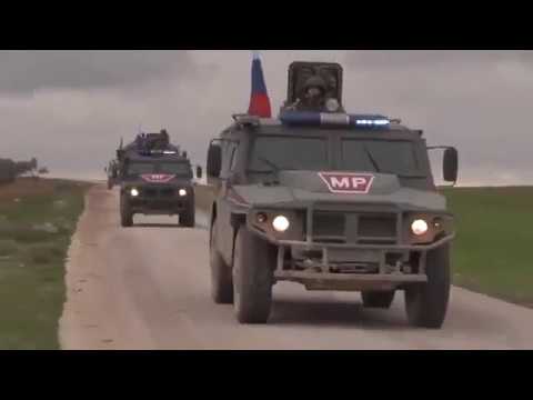 RAW Russian military police patrol near Manbij where Turkey plans attacking kurds January 2019 Video