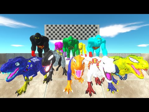 Jurassic World Speed Race 15 - 5 Superheroes King Kong VS 5 Marvel Heroes T-rex Animal Revolt Battle