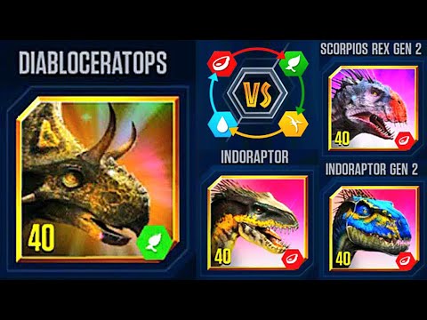 DIABLOCERETOPS VS INDORAPTOR VS SCORPIOS REX GEN 2 DEFEAT 3 OPPONENTS | JURASSIC WORLD THE GAME